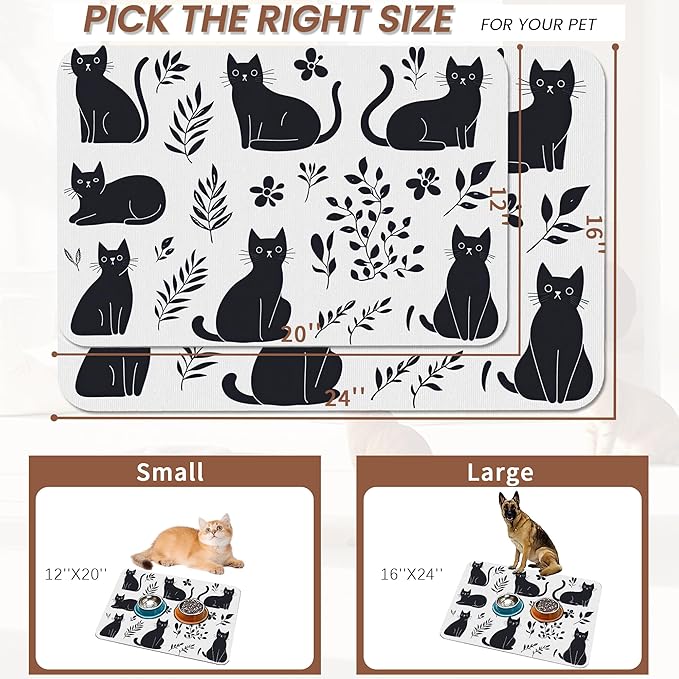 Cute Black Flower Dog Cat Food Mat,Absorbent Pet Feeding Mat with Rubber Backing,Non-Slip Water Bowl Placemat,Indoor Pet Accessories Supplies 16"x24"