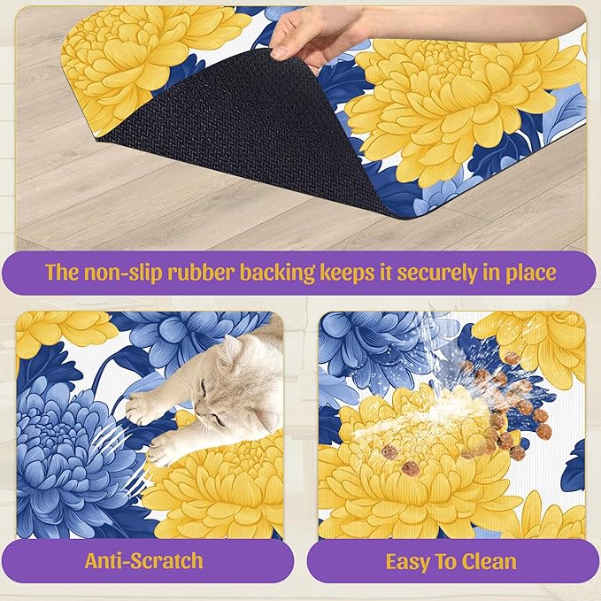 Blue Yellow Flowers Pet Feeding Mat, Quick Dry Absorbent Water Bowl Mat for Dogs and Cats, Anti-Slip Bottom, Indoor Use – 16x24 Inch