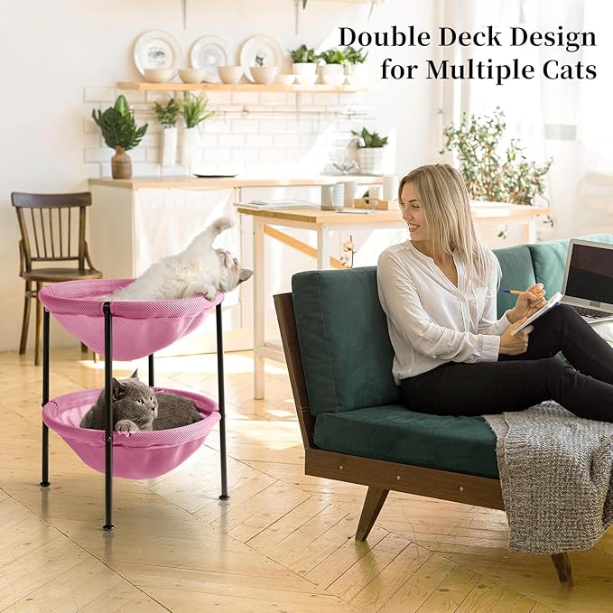 Double Cat Bed Pink, Breathable Pet Bed for 2 Cats with 4 Adjustable Feet & Anti-Slip Mats, Easy Assembly Cat Hammock for Multi-cat Household, Indoors & Outdoors, 22.8 in x18.7 in x 18.7 in