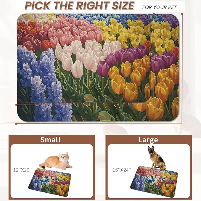 Tulip Lavender Pet Feeding Mat,Vintage Flower Fields Absorbent Quick-Dry Cat Dog Food and Water Bowl Mats,Non-Slip Rubber Backing Mat,Cat Dog Accessories Supplies 16"x24"