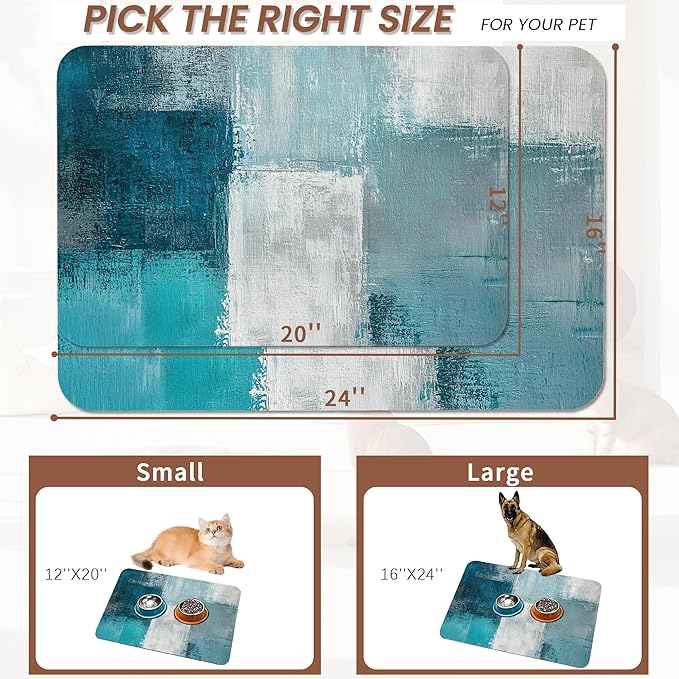 Turquoise Grey Dog Cat Food Mat,Teal Modern Art Absorbent Pet Feeding Mat for Food and Water,Non-Slip Dog Bowl Mats Floor Protector 12"x20"
