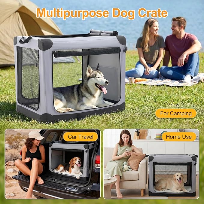 Dog Travel Crate 42 Inch, Portable Soft-Sided Travel Carriers for Dogs and Cats, Foldable Pet Kennel with 3-Doors Mesh Windows Indoor & Outdoor, Grey