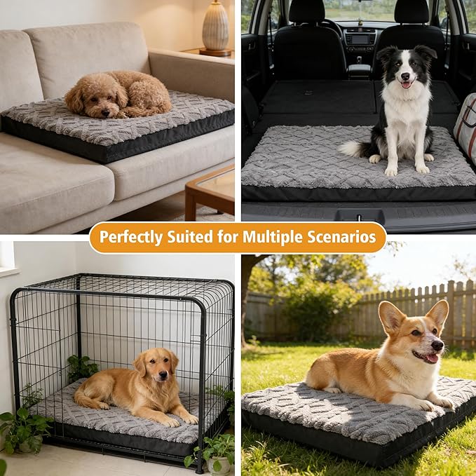 Orthopedic Dog Crate Bed – Waterproof Plush Pet Mattress with Removable Washable Cover, Non-Slip Bottom, Big Memory Foam Dog Bed for Crate, 36x27 Inch, Grey