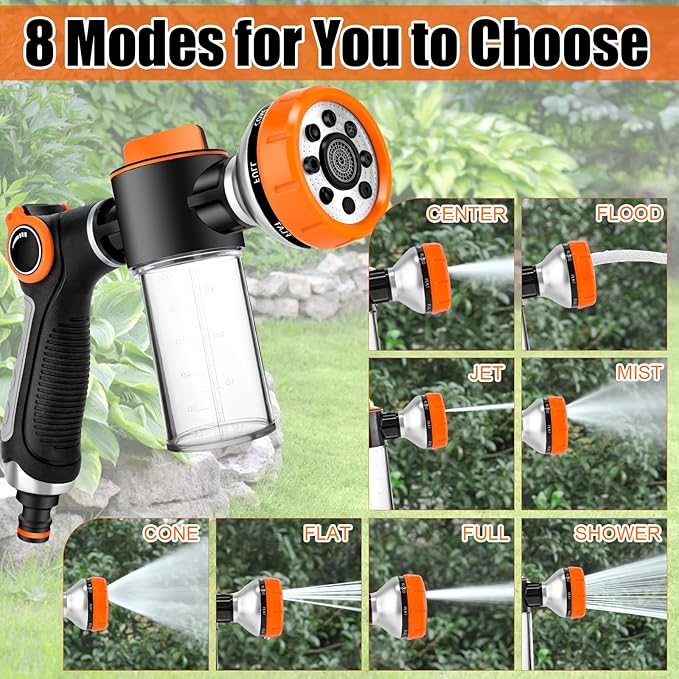 Dog Wash Hose Attachment, High Pressure Garden Water Hose Nozzle 8 Way Foam Sprayer with Soap Dispenser Bottle for Watering Plants, Car Washing, Pet Showering Bathing Tool