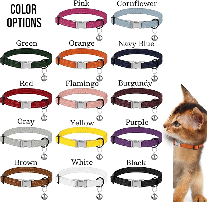 Leather Cat Collar with Buckle and Removable Bell - Non Breakaway Adjustable Soft Safety Small Pet Collars for Girl Boy Cats Kitten (Black)