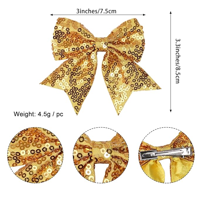 3-inch Sequined Bow Hair Clips For Baby Girls, Toddler, Kids and Young Women Birthday Party Wedding Christmas Occasions Pet Accessories Set of 2 (Champagne)