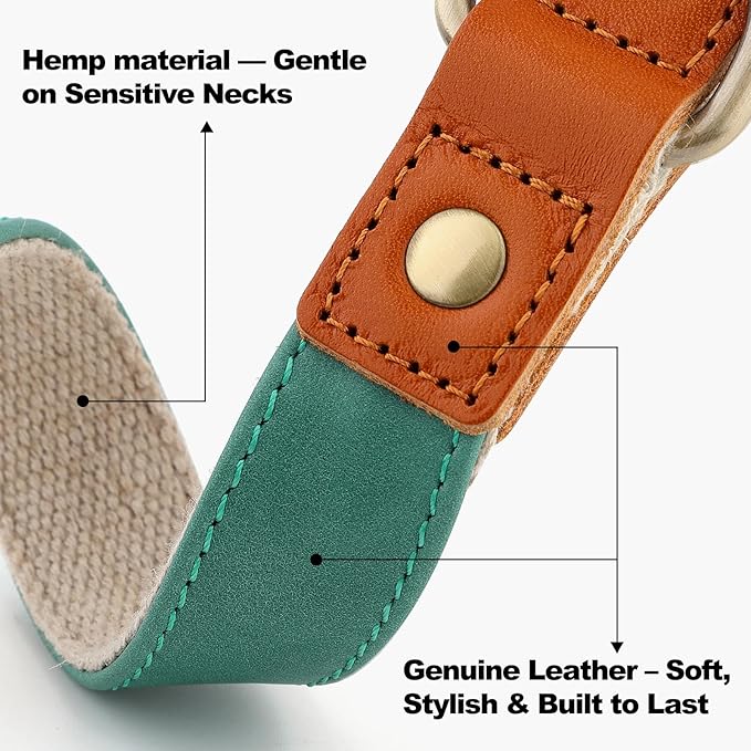 Plutus Pet Genuine Leather & Hemp Dog Collar – Adjustable Heavy Duty Pet Collar with Quick Release Metal Buckle, Soft & Stylish for Puppy and Small, Medium, Large Dogs (Green, M)