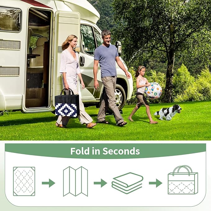 GENIMO Outdoor Rug for Patio Clearance, 9'x18' Waterproof Camping Mat, Reversible Plastic Straw Rugs for RV, Camper, Balcony, Backyard, Picnic, Deck (Navy Blue & White)