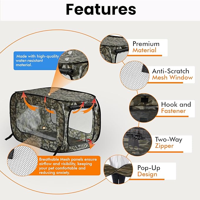 Beatrice Home Fashions Portable, Collapsible, Pop Up Kennel Travel Cat and Dog Crate, 36" L x 22" W x 22" H, Camo Green