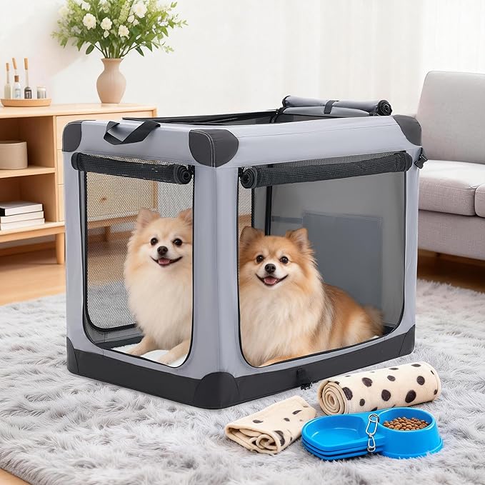 Dog Travel Crate 24 Inch, Portable Soft-Sided Travel Carriers for Dogs and Cats, Foldable Pet Kennel with 3-Doors Mesh Windows Indoor & Outdoor, Grey