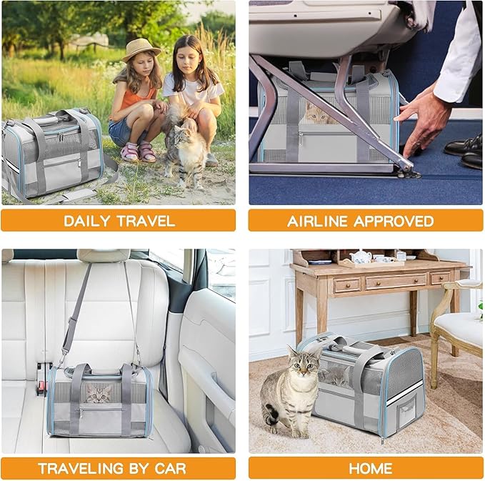 Soft-Sided Cat Carrier for Pets Up to 15lbs, Airline Approved Under-Seat Travel Carrier, 17x12x11 Inch, TSA Approved with Collapsible Bowl, Breathable Mesh & Removable Pad, Lightgrey