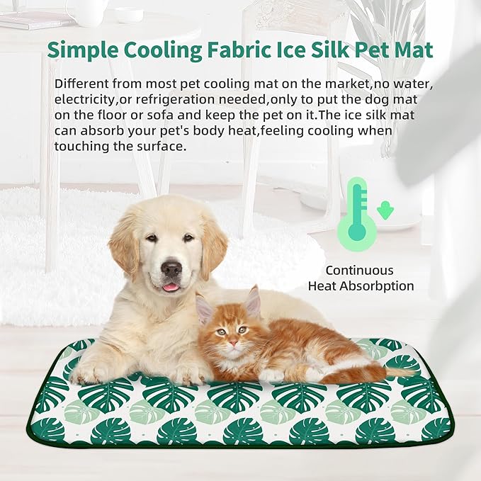 NWK Pet Cooling Mat - Ice Silk Cooling Mat for Dogs & Cats Portable & Washable Pet Cooling Blanket, Car Seats, Beds for Summer (1, Green Leaf, 16’’ X 20’’ X 0.3)