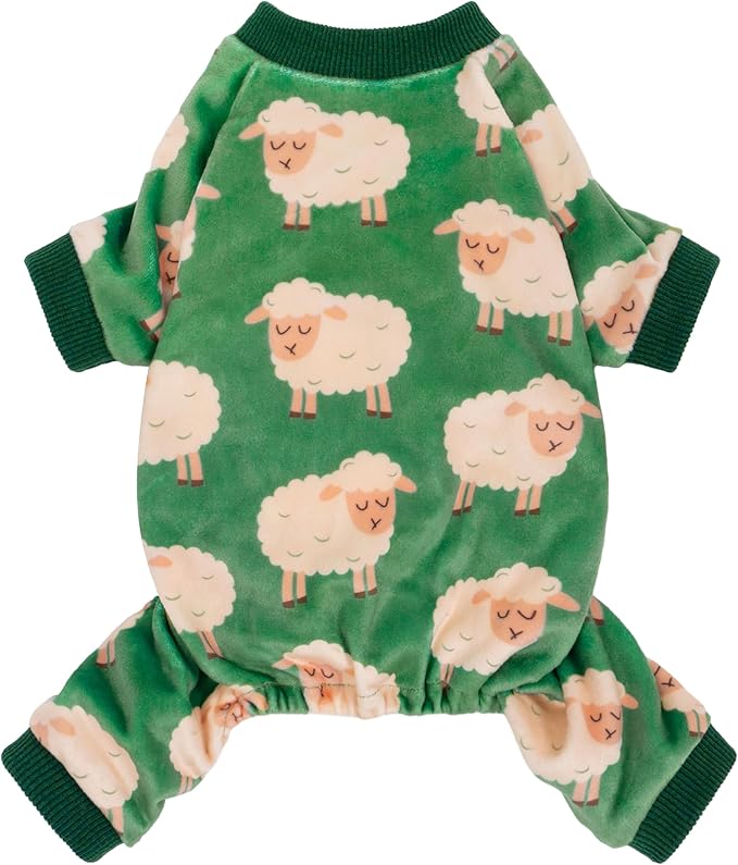 Fitwarm Funny Sheep Dog Pajamas, Warm Winter Dog Clothes for Small Dogs Boy Girl, Cozy Pet Onesie with Feet, Green, White, Medium