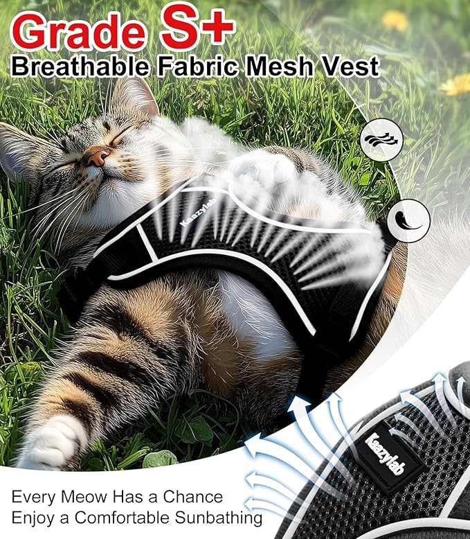 Cat Harness and Leash for Walking Escape Proof Soft Adjustable Cat Leash Breathable Comfortable Vest Easy to Wear Kitten Harness for Outdoor Travel Black M