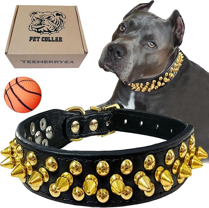 TEEMERRYCA Black Leather Dog Collar with Gold Spikes for Small Medium Large Pets,Pit Bulls/Bulldog, Keep Dog Safe from Grabbing by Huge Dogs,S(10.8"-13.2")