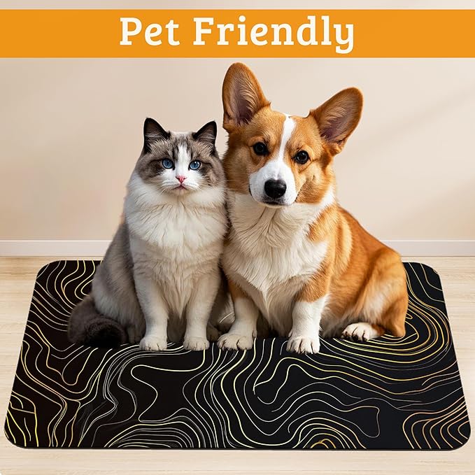Dog Bowl Mat,Abstract Map Pet Feeding Mat for Floors Waterproof,Golden Lines Texture Absorbent Dogs Placemat for Food and Water Quick Dry Pet Cat Feeding Mats with Non Slip Bottom 12" x 20"