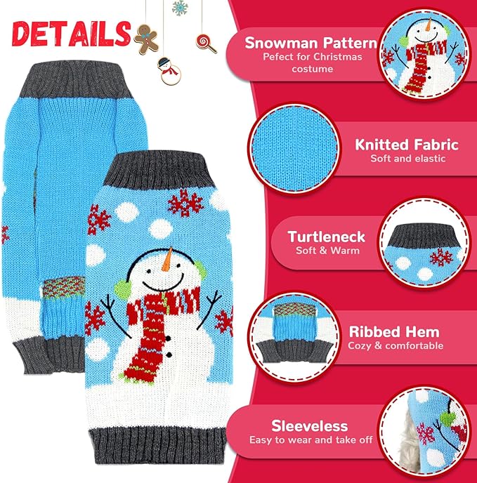 Pet Christmas Dog Sweaters Cute Animal Snowman Printed Puppy Xmas Costumes Winter Warm Turtleneck Jumpers Puppy Knitted Clothes Cat Outfits (L, Blue Snowman)