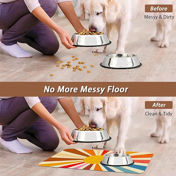 Retro 70s Rainbow Sunrise Swirl Dog Cat Food Mat,Absorbent Pet Feeding Mat for Food and Water, Non-Slip Dog Bowl Mats Floor Protector 12"x20"