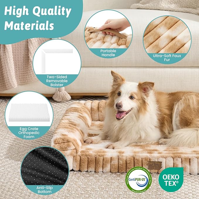 Cute Dog Bed, Faux Rabbit Fur Orthopedic Foam Dog Bed with Sides, Removable Washable Cover & Waterproof Lining, Comfortable Pet Couch for Medium Dogs, Tie-Dye Brown (36" L x 20" W x 6" Th)