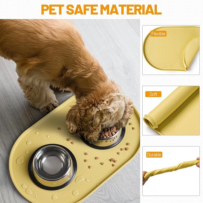 Hubulk 100% Waterproof Silicone Pet Feeding Mat with Raised Edge for Food and Water, Dog Bowl Mats, Cat Bowls Placemat with High Lip Protects Floor for Cats and Dogs (Yellow, 16" L x 10" W)