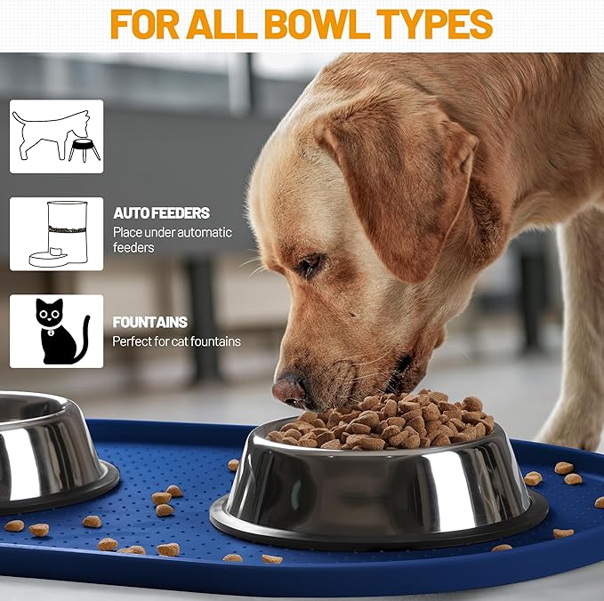 Hubulk 100% Waterproof Silicone Pet Feeding Mat with Raised Edge for Food and Water, Dog Bowl Mats, Cat Bowls Placemat with High Lip Protects Floor for Cats and Dogs (Navy Blue, 19" L x 12" W)