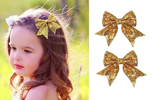 3-inch Sequined Bow Hair Clips For Baby Girls, Toddler, Kids and Young Women Birthday Party Wedding Christmas Occasions Pet Accessories Set of 2 (Gold)