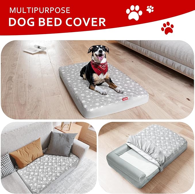 Waterproof Dog Bed Covers Replacement Washable Pet Hair Easy to Remove, Noiseless Quilted Puppy Pet Bed Cover Lovely Grey Star Print 35x44 Inches, for Dog/Cat, Cover Only