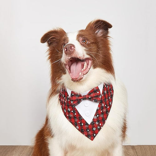 ADOGGYGO Christmas Dog Tuxedo Bandana, Red Plaid Pet Chritstmas Tux with Bowtie Adjustable Christmas Formal Costume for Medium Dogs Pets (M)