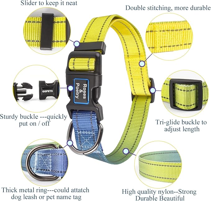 Roses&Poetry Dog Collars for Medium Dogs with Gradient Amber, Yellow Reflective Dog Collar Adjustable Mediums Pet Collars for Small Medium Large Dogs (Amber-M)