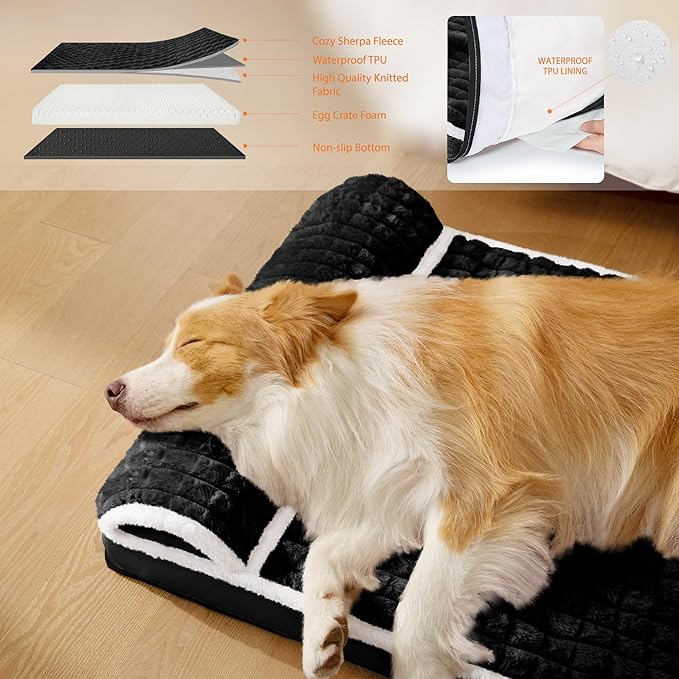 Orthopedic Dog Bed Medium Size Dog with Pillow 30''X20'', Waterproof Soft Comfortable Egg Crate Foam Pet Crate Beds Mat with Removable Washable Cover and Non-Slip Bottom, Black