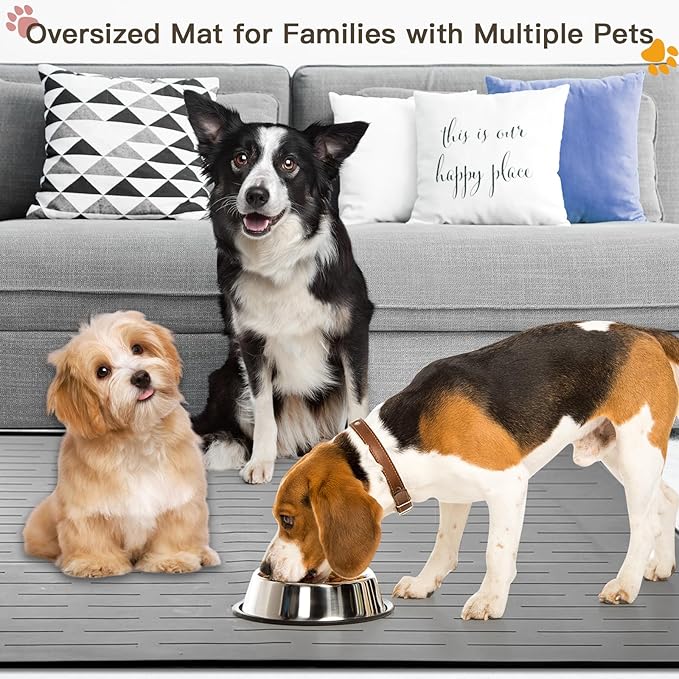 Largest Dog Food Mat, 39.5"x29.5" Silicone Dog and Cat Mat for Food and Water Bowls, Thinken Waterproof Non-Slip XXXL Pet Feeding Mat for Floors (Brown)