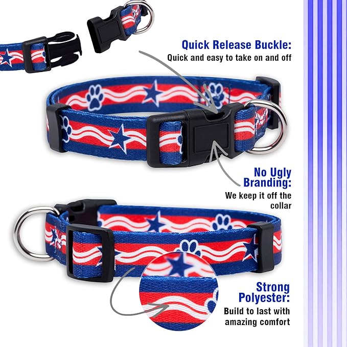 Native Pup American Flag Dog Collar- Red White and Blue- Patriotic Collars for 4th of July, USA- Adjustable Small, Medium, Large Breed Dogs (Medium, Paws)