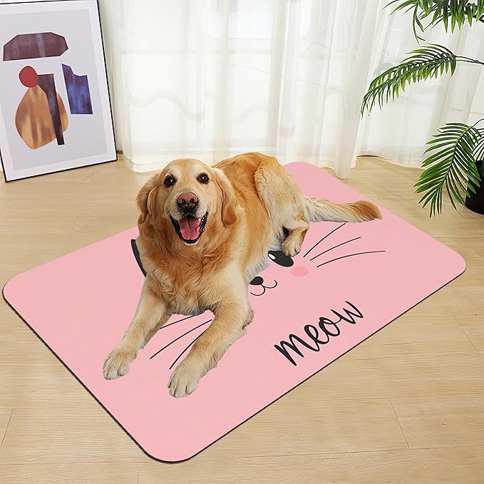 Pink Cat Dog Food Mat–Christmas Stocking Absorbent Quick Dry Feeding Placemat for Food and Water Bowls, Non Slip Rubber Backing, Waterproof Pet Supplies for Mess-Free Eating 12"x20"