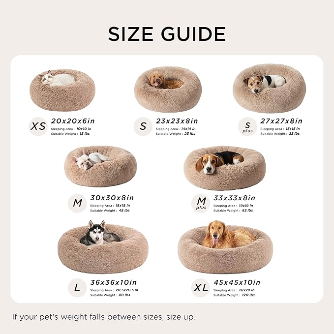 Bedsure Calming Dog Bed for Small Dogs - Donut Washable Small Pet Bed, Round Anti-Slip Fluffy Plush Faux Fur Large Cat Bed, Fits up to 25 lbs Pets, Ivory Beige, 23 inches