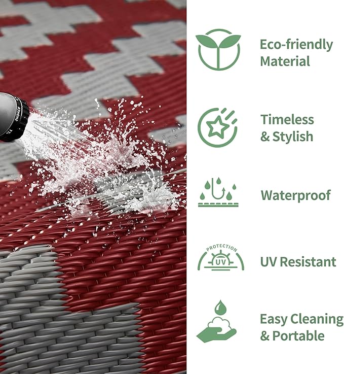 GENIMO Outdoor Rug for Patio Clearance, 9'x12' Reversible Plastic Straw Rugs, Lightweight Waterproof RV Camping Mat for Camper, Balcony, Deck, Backyard, Picnic, Red Grey