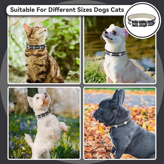PETCARE Reflective Dog Collar with Cute Paw Rivet Studded Funny Soft PU Leather Adjustable Puppy Dog Collars for Small Medium Large Dogs Cats (Black,X-Large)