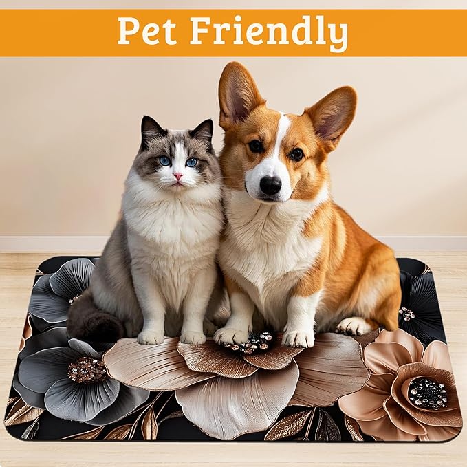 Black Brown Flower Feeding Mat,Artistic Absorbent Quick-Dry Cat Dog Food and Water Bowl Mats,Non-Slip Rubber Backing Mat,Cat Dog Accessories Supplies 16" x 24"