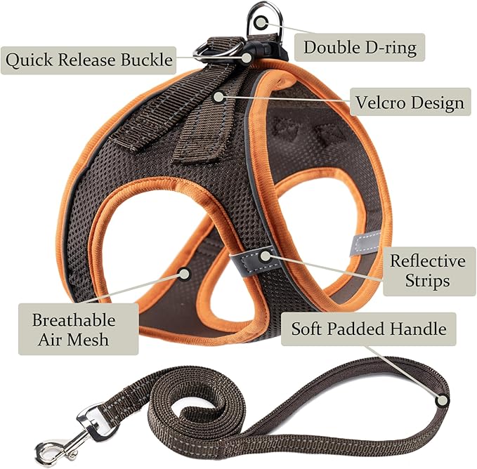 Dog Harness with Leash Set, No Pull Adjustable Reflective Step-in Puppy Pet Vest Harnesses for Small Medium Large Dogs and Cats,Brown S