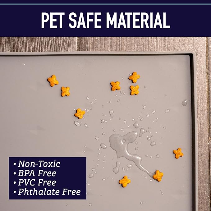 Leash Boss Waterproof Spill Guard Dog & Cat Silicone Dog Food Mat - Non-Slip Raised Edge Dog Bowl Mat - Waterproof Spill Guard Cat Food Tray - 25 x 17 in, Black