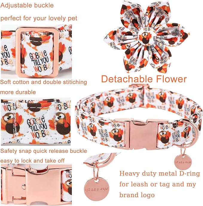 Thanksgiving Dog Collar with Flower, Turkey Cotton Flower Collar for Puppy Girl Dog or Cat, Autumn Flower Collar with Durable Metal Buckle, Thanksgiving Pet Collar, XL, Neck 16-26in