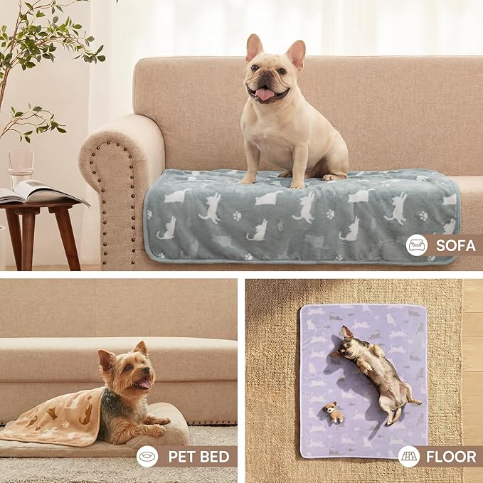 Luciphia 1 Pack 3 Dog Printed Fleece Pet Blankets Washable，Soft Warm Throw Covers for Crate Couch Bed，Cozy Puppy Essentials for Dogs and Cats，Purple/Grey/Khaki, Large (41x31 inch)