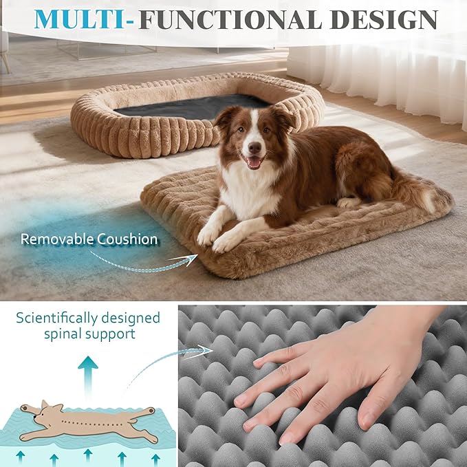Cute Washable Dog Bed for Medium Large Dogs, Calming Furry Bolster Dog Bed, Durable Rectangle Anti-Anxiety Comfy Large Pet Bed, Removable Zipper Cover & Anti-Slip Bottom, 35x27x5inches, Brown