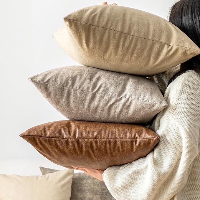 Pack of 4 Neutral Decorative Faux Leather Throw Pillow Covers 18x18 inch, Soft Modern Boho Luxury Waterproof Floor Cushion Cases, for Outdoor Lounge Sofa Couch Bed Home Decor