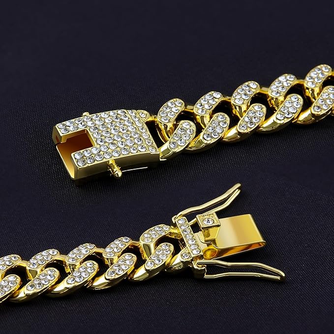 Diamond Cuban Style Dog Chain Collar Bling Gold Walking Necklace with Safety Lock Pet Jewelry for Small Medium Large Dogs Cats(Glod 10inch)