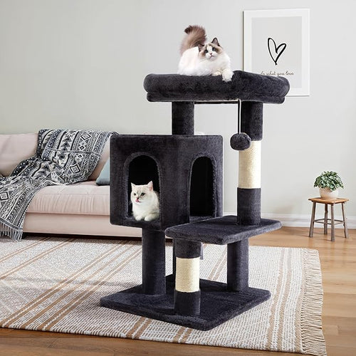 Allewie 29 Inches Cat Tree Tower/Plush Perches Platform/Condo/House/Sisal Scratching Posts/Multi-Level Activity Center Furniture for Kittens/Dark Grey