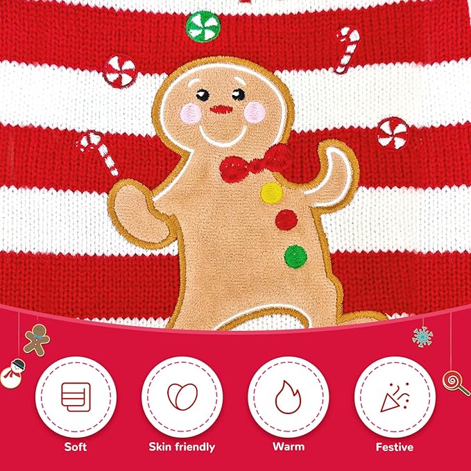 Dog Christmas Sweater Xmas Pet Clothes Cute Striped Gingerbread Man Costume Holiday Puppy Cat Jumpers Outfits New Year Gifts for Small Medium Large Dogs(Red Gingerbread Man,L)