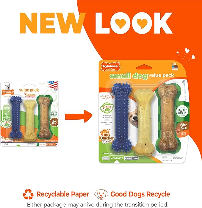 Nylabone Original Bone Flexi Chew Toy Value Pack for Dogs, Durable Dog Toys for Moderate Chewers, Dog Chew Bone, Long Lasting Chicken & Bacon Flavor, For Small Dogs - Up to 25 Ibs, 3 Pack