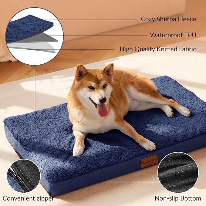 Patas Lague Orthopedic Dog Bed for Small Dogs 20''X15'', Soft Waterproof Egg Crate Foam Small Pet Crate Beds Mat with Removable Washable Cover and Non-Slip Bottom, Navy Blue