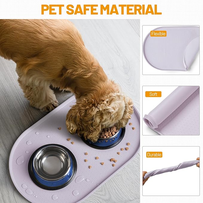 Hubulk 100% Waterproof Silicone Pet Feeding Mat with Raised Edge for Food and Water, Dog Bowl Mats, Cat Bowls Placemat with High Lip Protects Floor for Cats and Dogs (Dove, 19" L x 12" W)