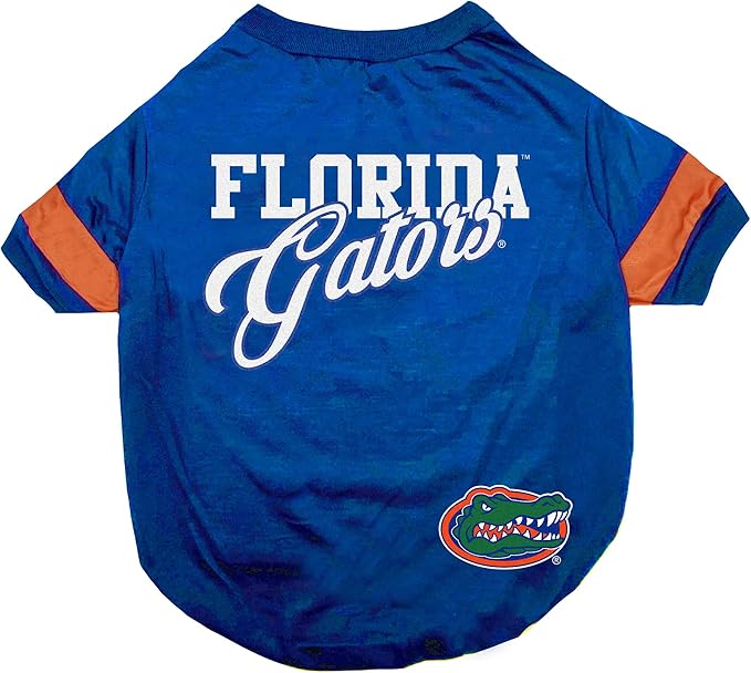 NCAA Florida Gators T-Shirt for Dogs & Cats, Large. Football/Basketball Dog Shirt for College NCAA Team Fans. New & Updated Fashionable Stripe Design, Durable & Cute Sports PET TEE Outfit